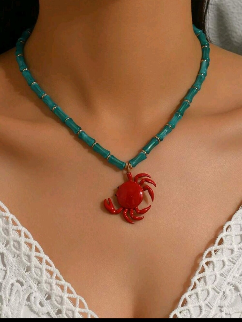 BRAND NEW ** Red Crab Pendant Necklace with Turquoise Beads